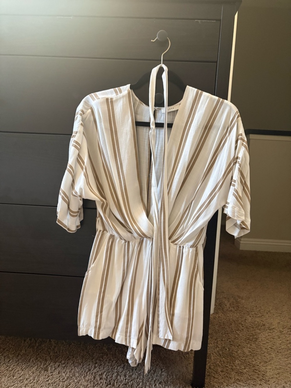 Lush Cream and Taupe Striped V-Neck Romper